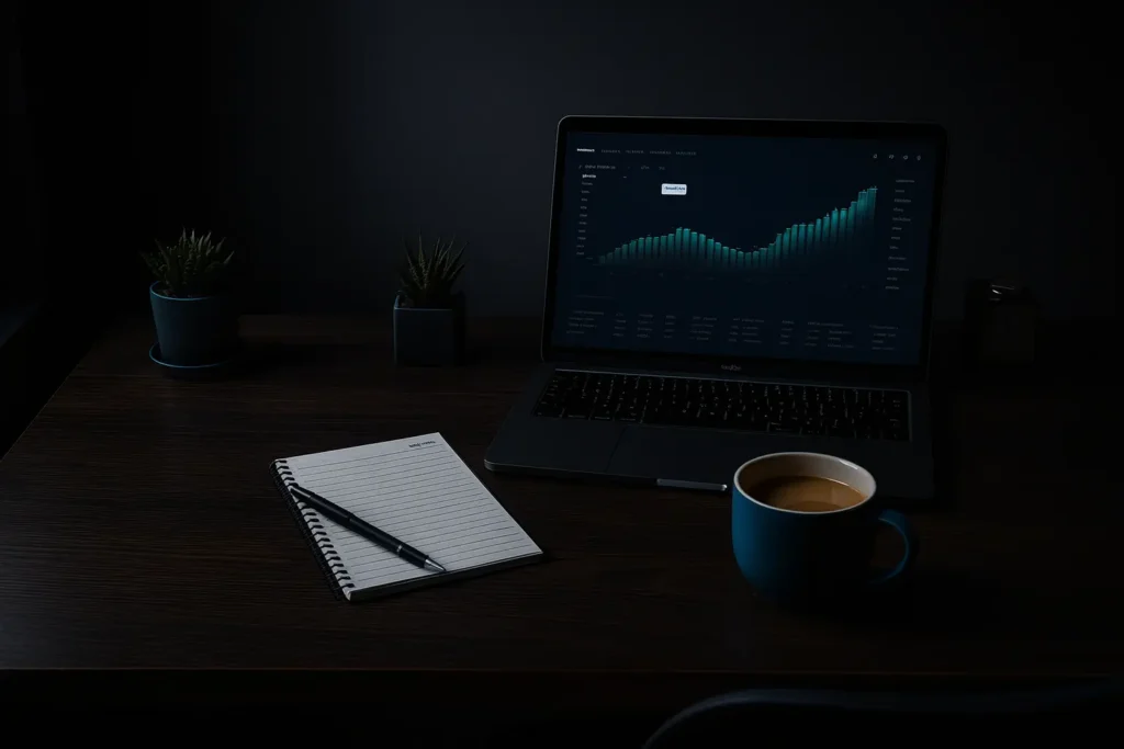 a laptop book and cup of tea in a table