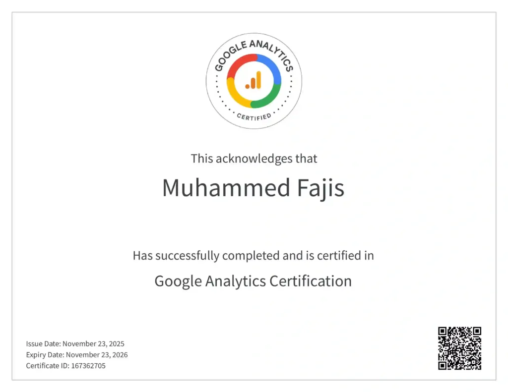 image of google analytics certificate of digital marketing expert in dubai