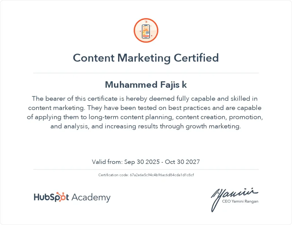 Hubspot content marketing certificate of digital marketing expert