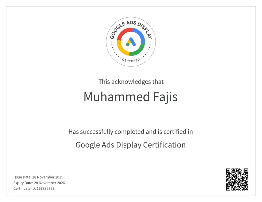 image of google ad display certificate of digital marketing expert in dubai