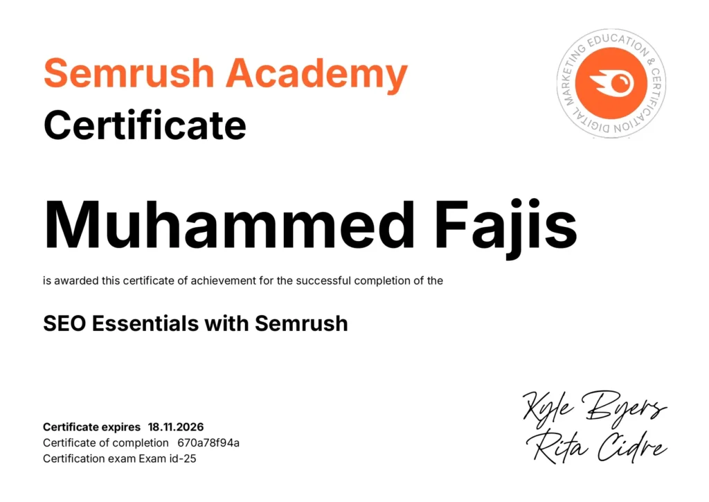 image of semrush academy certificate of digital marketing expert in dubai